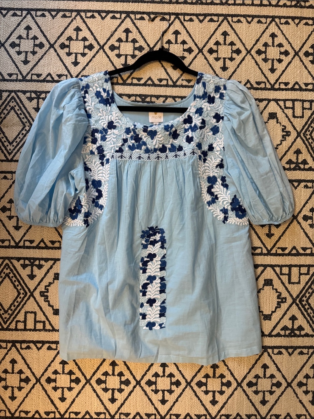 J.Marie Light Blue Embroidered Puff-Sleeve Blouse with Navy & White Accents